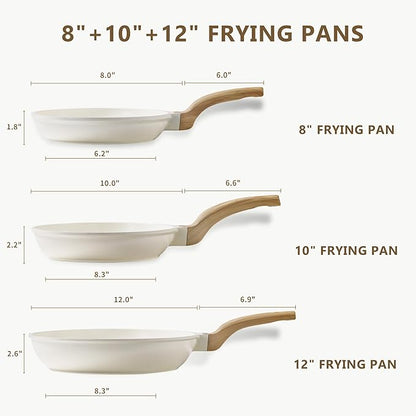 CAROTE Non Stick Frying Pan Skillet Set, Omelet Pan, Healthy Non Toxic Granite Chef Pan, Induction Compatible Egg Frying Pan with Heat-Resistant Handle, PFOA-Free,Cream White,8"+10"+12" - Image 2
