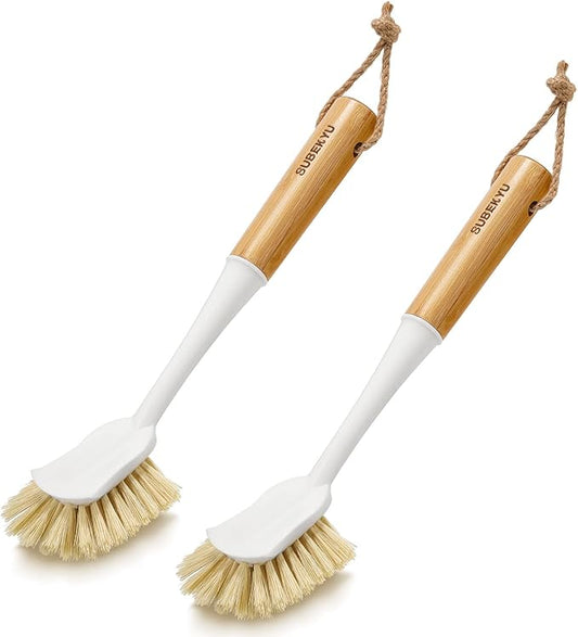 SUBEKYU Dish Brush with Bamboo Handle, Kitchen Dish Scrubber Built-in Scraper, Scrub Brush for Cleaning Pans/Pots/Sinks, Sisal Bristles, 2P