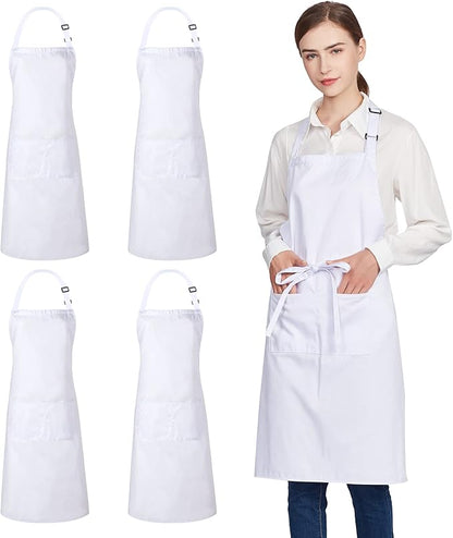 Jubatus 4 Pack 100% Cotton Aprons with 2 Pockets Cooking Chef Kitchen Adjustable Bib Apron for Women Men, White by Jubatus