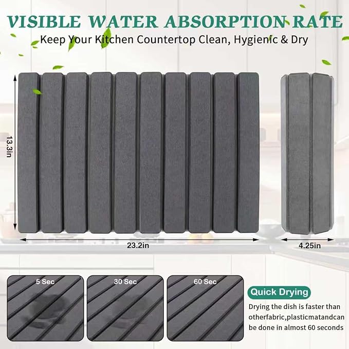 Stone Dish Drying Mat for Kitchen Counter, 24''×15'' Dishes Drying Matt Kitchen Counter, Absorbent Diatomaceous Earth Bath Quick Dry Mats for Tableware, Bottles and Cup (Dark Grey) - Image 2