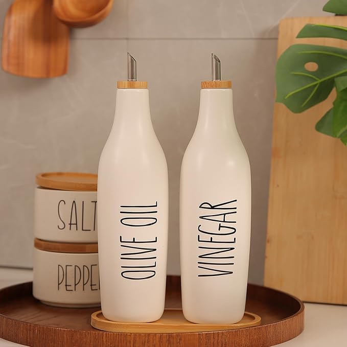 HOMCDALY Olive Oil and Vinegar Dispenser Set, 16oz Ceramic Oil Dispenser for Kitchen, Kitchen Dispenser Bottle for EVOO Vinegar Syrups, Modern Farmhouse Design | Set of 2 – P-White - Image 6