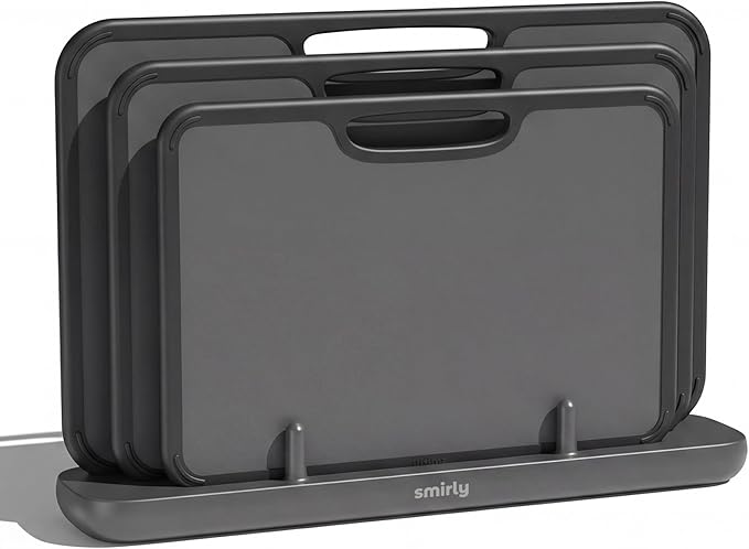 SMIRLY Plastic Cutting Board Set with Holder, Non-Slip Chopping Boards for Kitchen, Dishwasher Safe, Essential Kitchen Gadgets, 3 Pack, Dark Gray