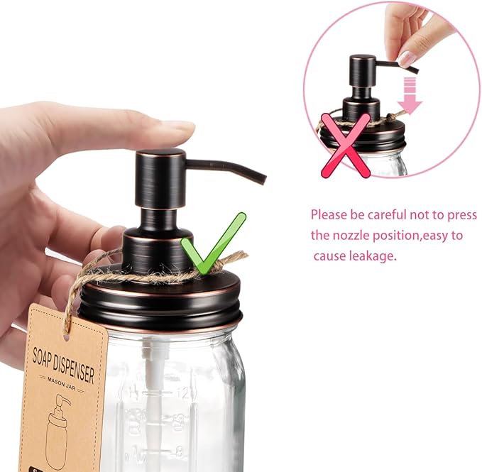 Amolliar Mason Jar Liquid Soap Dispenser, Rustproof Stainless Steel Replacement Pump Lid, Cute Farmhouse Decor for Kitchen, Bathroom, Refillable Hand Soap, Dish Soap, Lotion Soap, Rubbed Bronze-2 Pack - Image 6