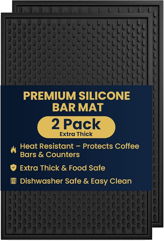 AXIESO 2 Pack Silicone Bar Mat - 1/2 Inch Thick Heat-Resistant and Food Safe Drip Mat - Spill Mats for Counter Top - Kitchen Service Mat, Coffee Bar, Restaurant - Drying Mat - 18 x 12 Inches by AXIESO