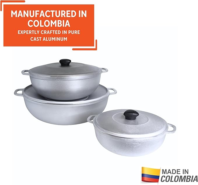 IMUSA Caldero Stock Pot with Lid 3pc Set, 1.5/3.5/7 QT, Cast Aluminum, Perfect for Serving Large & Small Groups, Riveted Handles, Made in Colombia, Silver