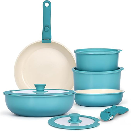 GIPP 11pcs Pots and Pans Set Non Stick, Nonstick Cookware Set Detachable Handle, Ceramic Pots for Cooking Non Stick with Removable Handle, RV Cookware Set for All Stoves, Light Blue Gradient