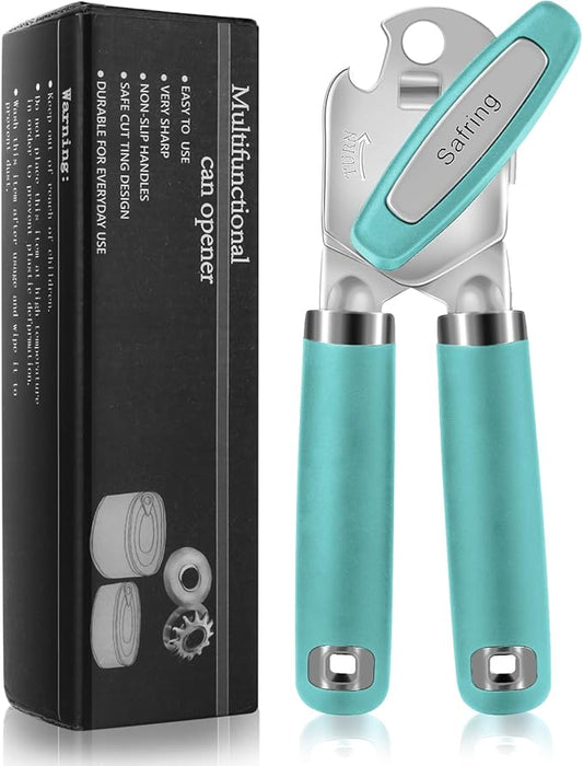 Safring Can Opener Manual, Heavy Duty Handheld Strong Can Opener with Soft Touch Handle, Sharp Blade Smooth Edge, Can Openers with Multifunctional Bottle Opener, Aqua Sky by Safring