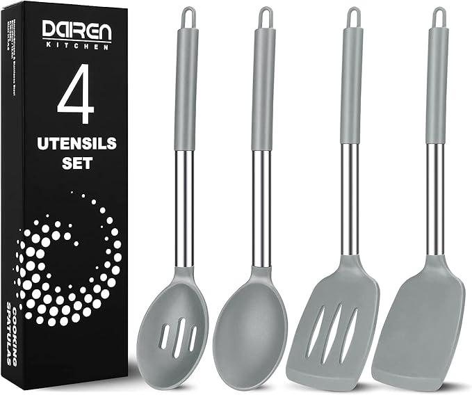 Pack of 4 Large Silicone Cooking Spatulas and Spoons, Slotted and Solid Stainless Steel Cooking Utensils Set, Non-stick Heat Resistant Kitchen for Baking, Fried, Stir-Fry, Mixing, Serving (Grey) by DaiRenKitchen
