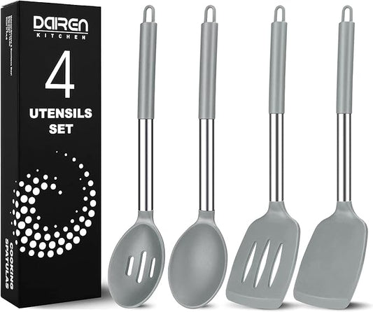 Pack of 4 Large Silicone Cooking Spatulas and Spoons, Slotted and Solid Stainless Steel Cooking Utensils Set, Non-stick Heat Resistant Kitchen for Baking, Fried, Stir-Fry, Mixing, Serving (Grey) by DaiRenKitchen