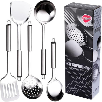 Stainless Steel Cooking Utensils Set, 5 Pcs Stainless Steel Kitchen Utensils Set, Wok Utensils Set Include Wok Ladle, Slotted Spoon, Soup, Wok Spatula and Slotted Spatula by DYAYGPRGP