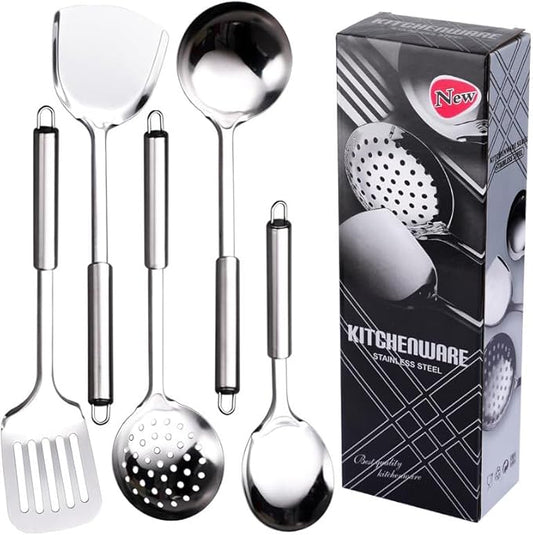 Stainless Steel Cooking Utensils Set, 5 Pcs Stainless Steel Kitchen Utensils Set, Wok Utensils Set Include Wok Ladle, Slotted Spoon, Soup, Wok Spatula and Slotted Spatula by DYAYGPRGP