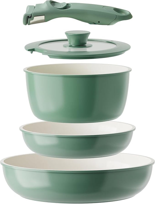Redchef Ceramic Cookware Set, Removable Handle Pots and Pans Non-Stick, Rv Cookware Set, Non-Toxic Pots and Pans Set No PFAS, PTFE, PFOA, Detachable Pots and Pans, Dishwasher & Oven Safe (Green) by Redchef