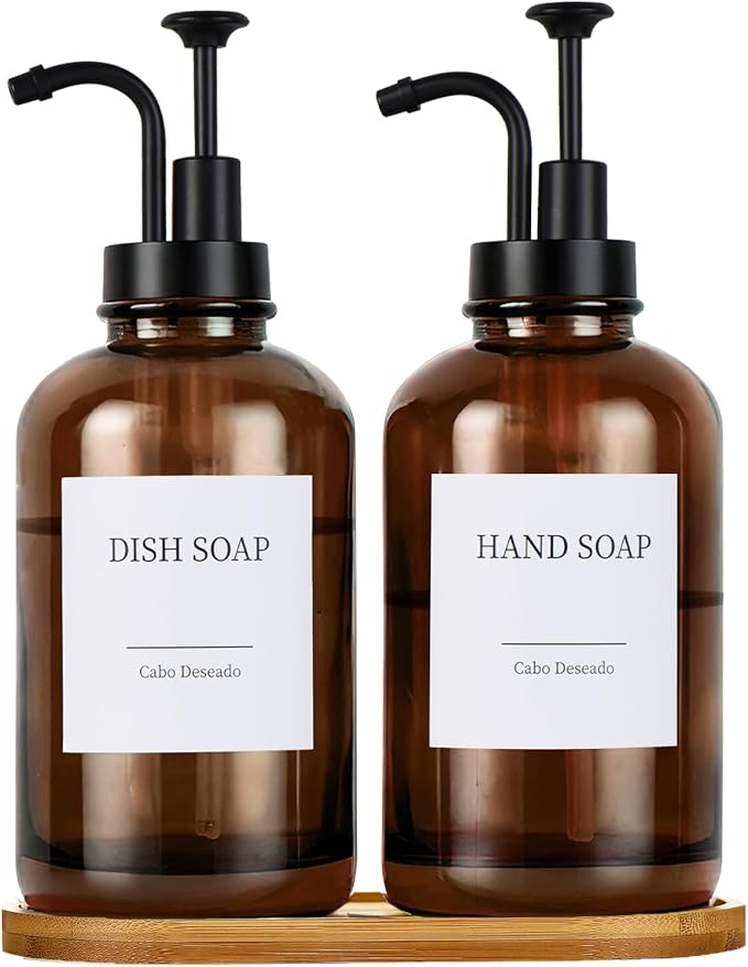 Glass Soap Dispenser with Pump, Dish and Hand Soap Dispenser for Kitchen Bathroom Set, Clear Glass Dispenser Set of 2 Pack with 18 Stickers Funnel Bamboo Tray 500ml 18oz Amber by CaboDeseado