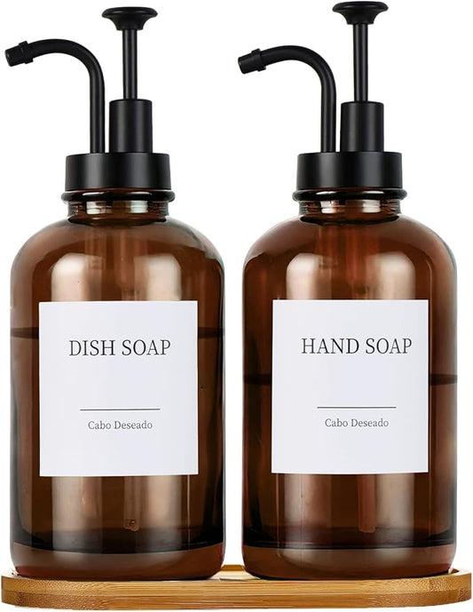 Glass Soap Dispenser with Pump, Dish and Hand Soap Dispenser for Kitchen Bathroom Set, Clear Glass Dispenser Set of 2 Pack with 18 Stickers Funnel Bamboo Tray 500ml 18oz Amber by CaboDeseado