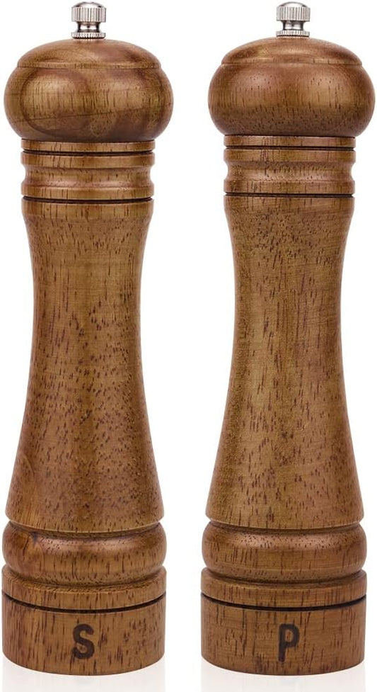 XWXO Wood Salt and Pepper Grinder Set, Salt Mill Pepper Grinder Set, Pepper Mill, Salt Shakers with Adjustable Ceramic Rotor- Oak Wood Pepper Grinder for Your Kitchen 8 inches - Pack of 2 by XWXO