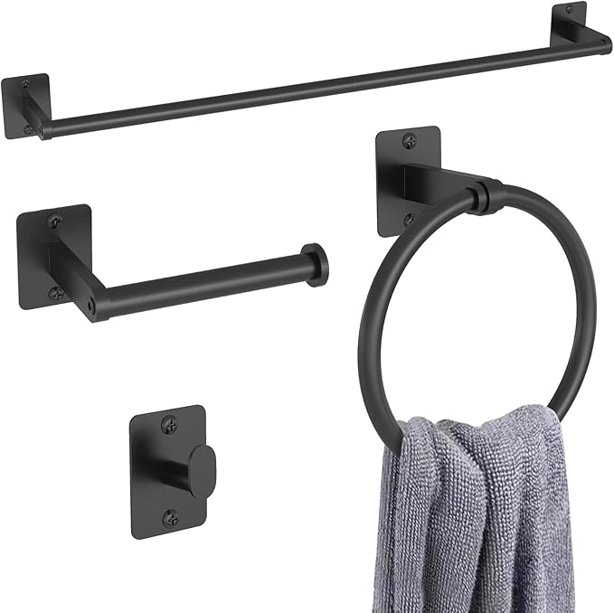 Matte Black Bathroom Accessories Set, KLJKPA 4 Pieces Bathroom Hardware Set, 24 inch Towel Bar, Towel Racks for Bathroom, Robe Towel Hooks, Toilet Paper Holder Wall Mounted by KLJKPA