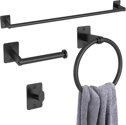 Matte Black Bathroom Accessories Set, KLJKPA 4 Pieces Bathroom Hardware Set, 24 inch Towel Bar, Towel Racks for Bathroom, Robe Towel Hooks, Toilet Paper Holder Wall Mounted by KLJKPA