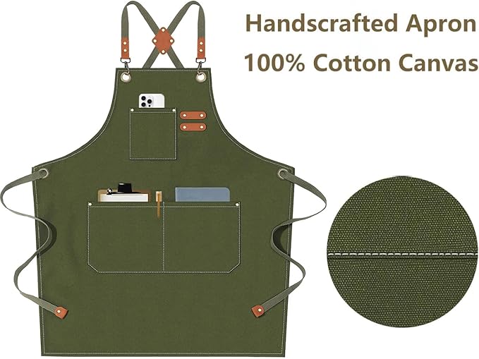 AFUN Chef Aprons for Men Women with Oversized Pockets, 16-Ounce Cotton Canvas Cross Back Heavy Duty Work Apron (Army Green) - Image 5