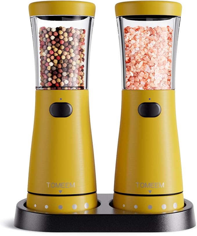 Electric Salt and Pepper Grinder Set with Storage Base, Stainless Steel Rechargeable Salt and Pepper Grinder Set with 4.5 oz Large Capacity, 1.8" Wide Mouth, Adjustable Coarseness, Ideal for Kitchen by Tomeem