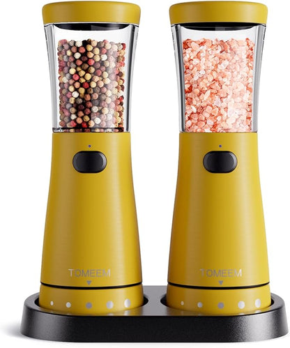 Electric Salt and Pepper Grinder Set with Storage Base, Stainless Steel Rechargeable Salt and Pepper Grinder Set with 4.5 oz Large Capacity, 1.8" Wide Mouth, Adjustable Coarseness, Ideal for Kitchen by Tomeem