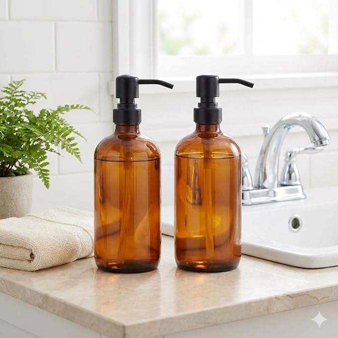 2 Pack Thick Amber Glass Pint Jar Soap Dispenser with Matte Black Stainless Steel Pump, 16ounce Boston Round Bottles Dispenser with Rustproof Pump for Essential Oil, Lotion Soap - Image 6
