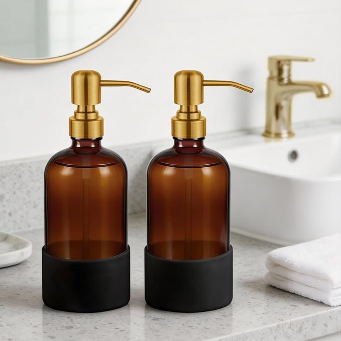 16 oz Hand and Dish Soap Dispenser Set for Kitchen and Bathroom, 500ml Amber Glass Soap Dispenser with Stainless Steel Golden Pump, Non-Slip Silicone Sleeves, Labels - 2 Pack