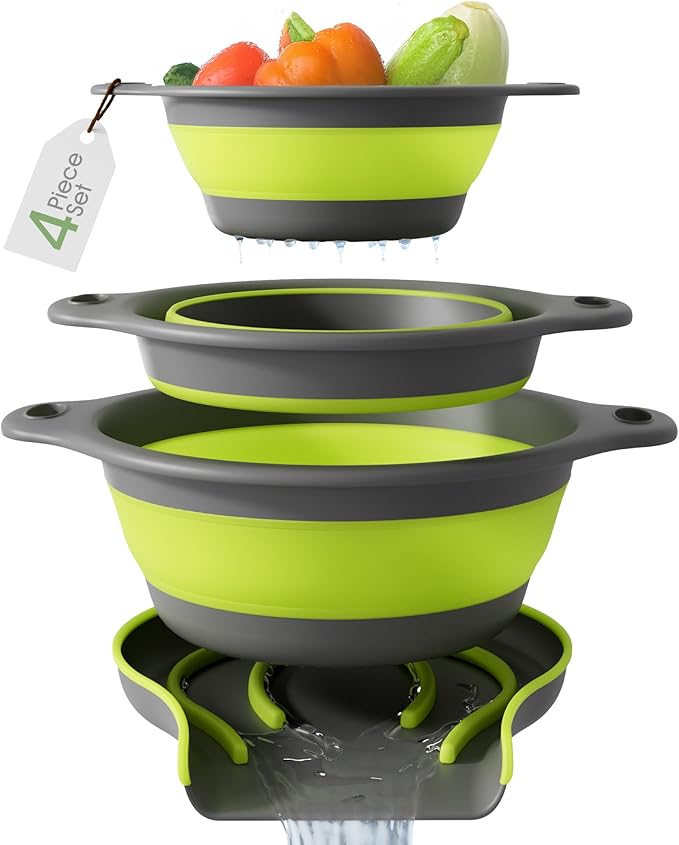 Gevoli 3-Pack Collapsible Colanders with Self-Draining Base, Over Sink-edge Silicone Food Strainers, Small/Med/Large Sizes, Nesting for Easy Compact Storage (3Qt, 4Qt, 5-Quart Set) Green/Gray by Gevoli