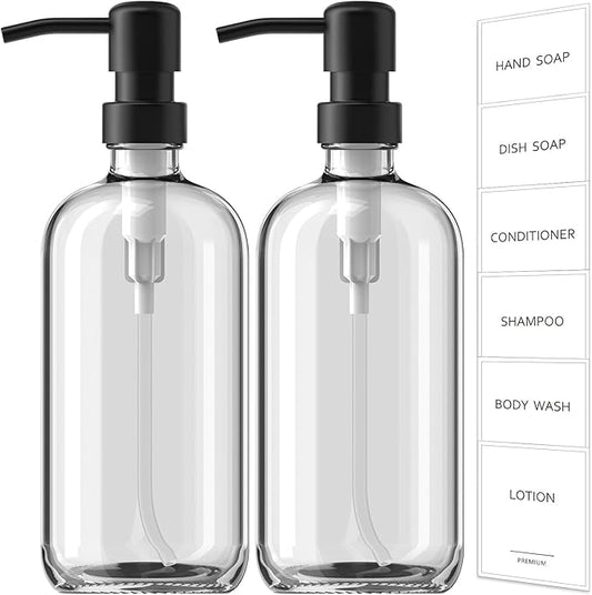 GMISUN Glass Soap Dispenser with Pump, 2 Pack Clear Bathroom Hand Soap Dispenser with Stainless Steel Pump, 16 Oz Refillable Kitchen Hand and Dish Soap Dispensers Set, Modern Liquid Pump Bottles by GMISUN