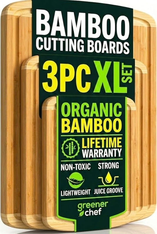 Greener Chef Luxury XL Bamboo Cutting Board Set of 3 with Vertical Grain Strength Technology - Extra Large Wood Cutting Boards for Kitchen and Lightweight Chopping Board Set - Replacements for Life by GreenerChef