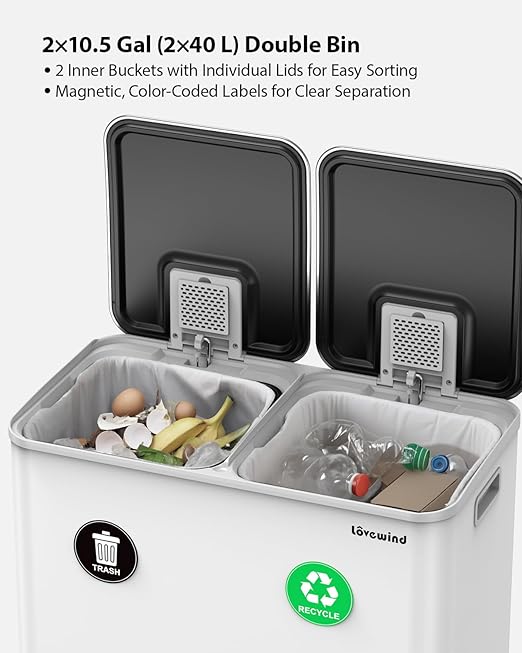 Lovewind Trash Can, 2 x 10.5 Gallon (2 x 40 L) Garbage Can for Kitchen Dual Compartment Recycling Kitchen Step Trash Bin, Stainless Steel Trash and Recycle Bin Combo with Soft-Close Lid, White - Image 3