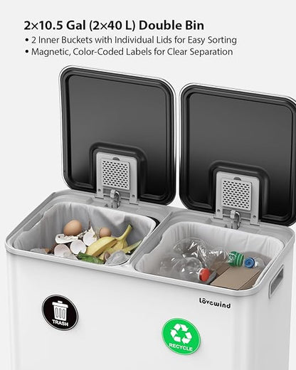 Lovewind Trash Can, 2 x 10.5 Gallon (2 x 40 L) Garbage Can for Kitchen Dual Compartment Recycling Kitchen Step Trash Bin, Stainless Steel Trash and Recycle Bin Combo with Soft-Close Lid, White - Image 3