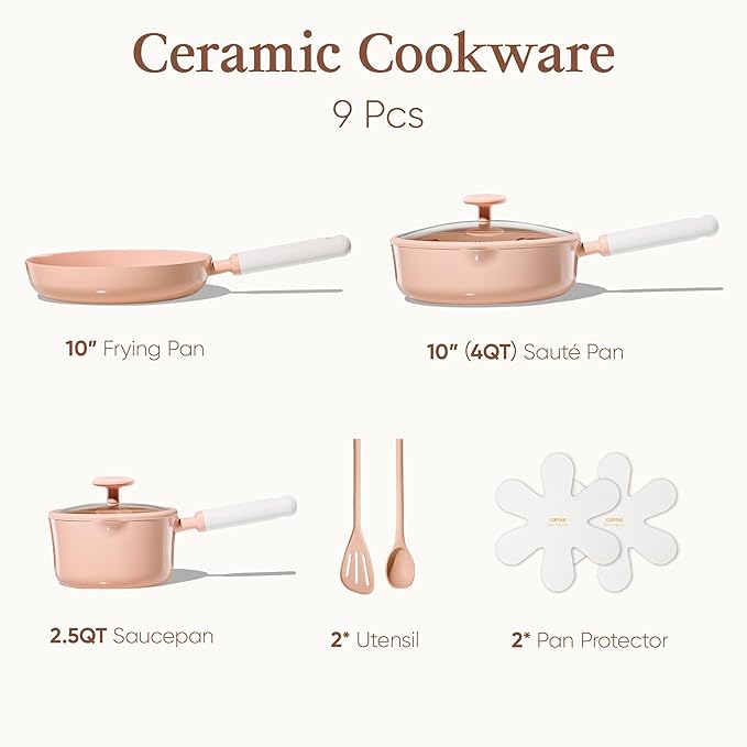 CAROTE Ceramic Cookware Set Nonstick, 9pcs Pots and Pans Set Non stick, Non-Toxic & PFAS-Free,Dishwasher, RV/Camping Cookware Set,Sauce Pan with Lid, Pink - Image 2