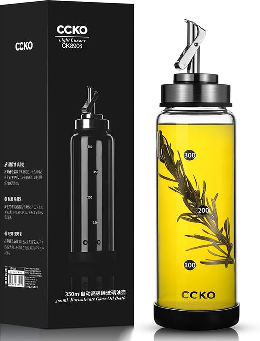 CCKO Glass Olive Oil Dispenser Bottle with Stainless Steel Spouts Shatterproof Glass Olive Oil Bottle 350ml Cooking Oil and Vinegar Cruet Bottle Container Carafe for Kitchen by CCKO