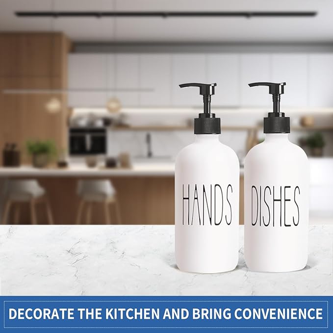 COHOSEGE 16 Oz Glass Soap Dispenser Set 2 Pack for Kitchen Sink,Contains Hand and Dish Soap Dispenser,White Kitchen Utensils - Image 5