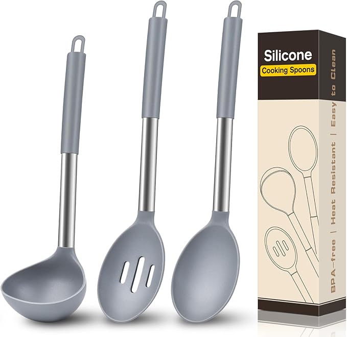 3Pcs Silicone Cooking Spoon Set, Kitchen Utensils Include Solid & Slotted Spoon, Soup Ladle, Food-Grade Heat Resistant 446°F, Non-Scratch Spoons for Serving, Stirring, Draining, Dishwasher Safe, Gray by Unknown