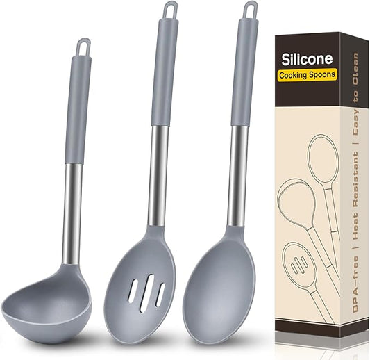 3Pcs Silicone Cooking Spoon Set, Kitchen Utensils Include Solid & Slotted Spoon, Soup Ladle, Food-Grade Heat Resistant 446°F, Non-Scratch Spoons for Serving, Stirring, Draining, Dishwasher Safe, Gray by Unknown