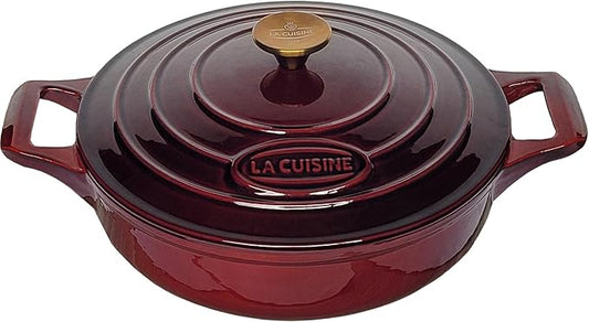 La Cuisine Enameled Cast Iron Braiser Shallow Dutch Oven Braising Sauté Pan 3.75 QT 11" Dia. Internal Matt Black Enamel Coating, Cranberry, Golden Lid Knob, Oven Safe, Induction Cooktop Compatible