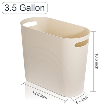 rejomiik Small Trash Can, 3.5 Gallon Slim Garbage Can Plastic Waste Basket with Handles Container Bin for Narrow Spaces Bathroom, Bedroom, Kitchen, Office at Home, Cream
