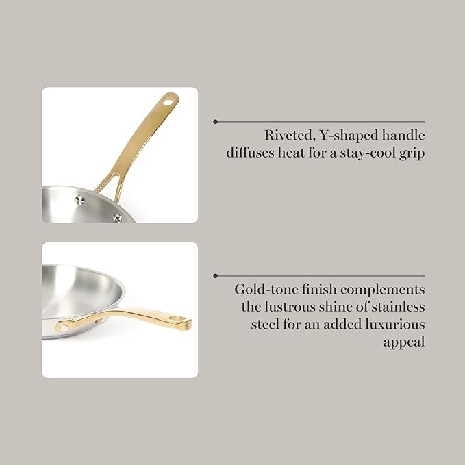 Martha Stewart Castelle 9.5-Inch Stainless Steel Frying Pan with Gold-Tone Handle – Tri-Ply Encapsulated Bottom, Oven Safe & Induction Safe Skillet for Searing and Sautéing - Image 5