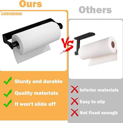 Paper Towel Holder Under Cabinet,Black Stainless Steel Under Counter Wall Mount,Paper Towel Holder,Waterproof and Rustproof Self-Adhesive Kitchen Roll Rack for Kitchen/Living Room/Bathroom