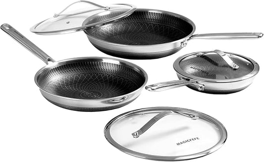 Non Stick Frying Pan with 3 Lids, 8+10+12 Inch, Hybrid Frying Pans Set Nonstick, Skillets Stainless Steel Upgrade, Dishwasher & Oven-Safe, Induction Compatible, PFOA Free Cookware.