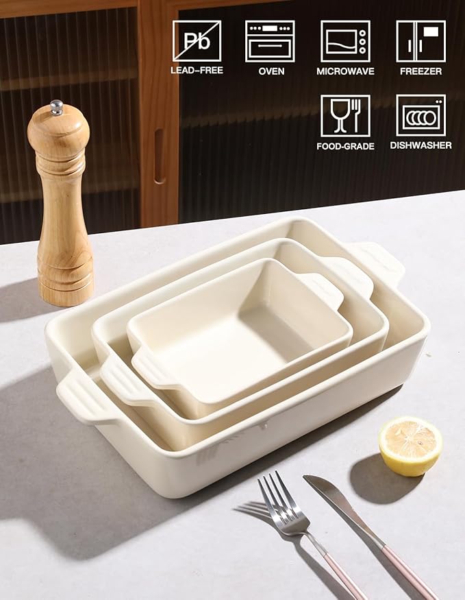 Sweejar Ceramic Bakeware Set, Rectangular Baking Dish for Oven Lasagna Pans for Cooking, Kitchen, Cake Dinner, Banquet and Daily Use, 11.8 x 7.8 x 2.76 Inches of Casserole Dishes (Beige) - Image 2
