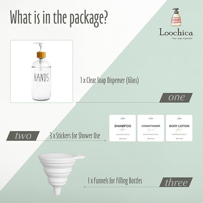 LOOCHICA Clear Glass Soap Bottle - Hands Free Dispenser for Kitchen or Bathroom - Image 2