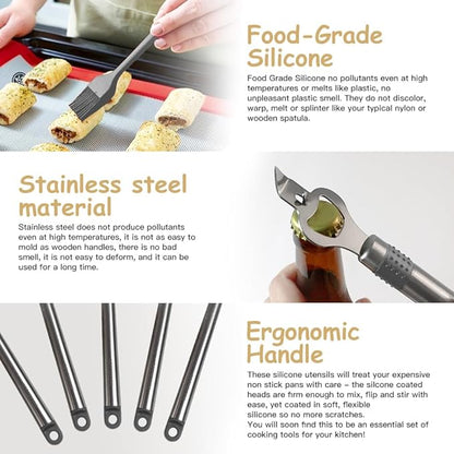 Kitchen Utensil Set-Silicone Cooking Utensils-33 Kitchen Gadgets & Spoons for Nonstick Cookware-Silicone and Stainless Steel Spatula Set-Best Kitchen Tools, Useful Pots (Grey) - Image 5