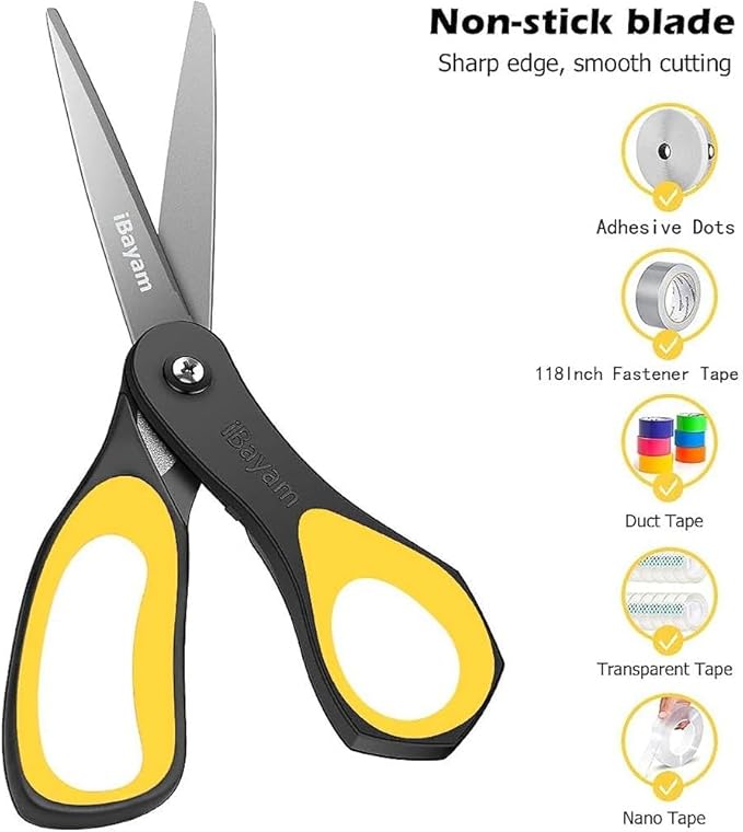 Scissors, iBayam 3 Pack 8" All Purpose Nonstick Scissors, 2.5MM Thickness Titanium Blades with Comfort Grip, Heavy Duty Shears for Office School Home Classroom General Use Art and Craft DIY Supplies - Image 5
