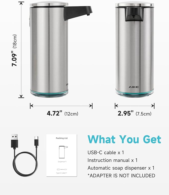 AIKE SensePro Automatic Soap Dispenser Type-C Rechargeable, Brushed Stainless Steel Finish 12.8 fl.oz. for Liquid Soap - Image 3