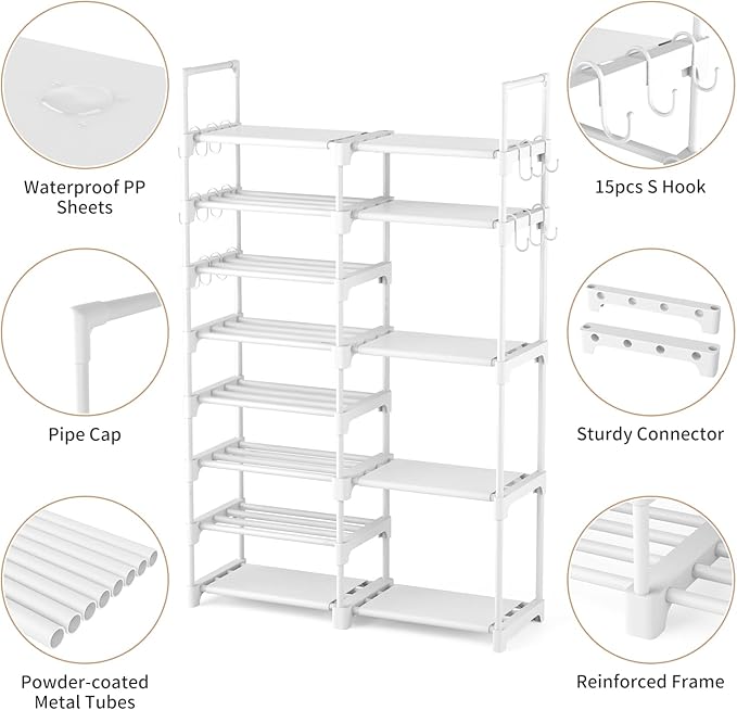ROJASOP White Shoe Rack, Tall Metal Shoe Rack Organizer for Entryway Closet Garage, 8 Tier Large Shoe Shelf for 26-32 Pairs Boots & Shoes Storage, Space Saving Heavy Duty Shoe Stand - Image 5