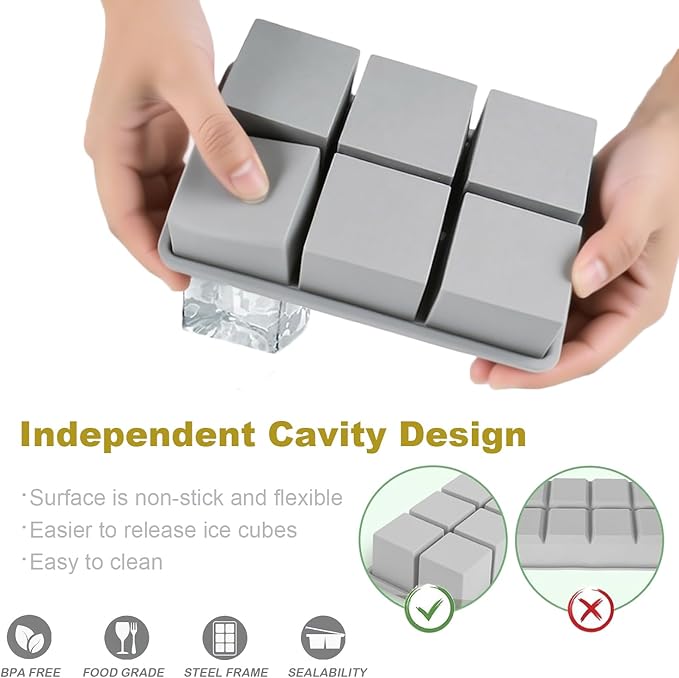 Large Ice Cube Trays for Whiskey, silicone ice cube trays with lid, Enhanced Stability with Built-in Steel Ring, 2inch Huge Cubed ice cube molds, Stackable, Easy Release, Dishwasher Safe(2Pack,Gray)