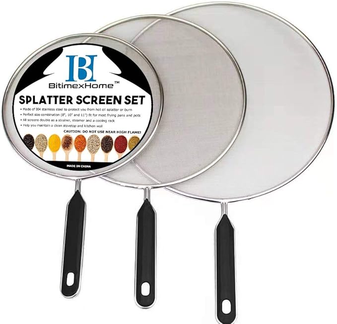 Grease Splatter Screen For Frying Pan Cooking - Stainless Steel Splatter Guard Set of 3-8", 10" and 11" inch - Fine Mesh Iron Skillet Lid- Hot Oil Shield to Stop Prime Burn (3, 8",10",11") by BitimexHome