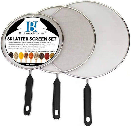Grease Splatter Screen For Frying Pan Cooking - Stainless Steel Splatter Guard Set of 3-8", 10" and 11" inch - Fine Mesh Iron Skillet Lid- Hot Oil Shield to Stop Prime Burn (3, 8",10",11") by BitimexHome